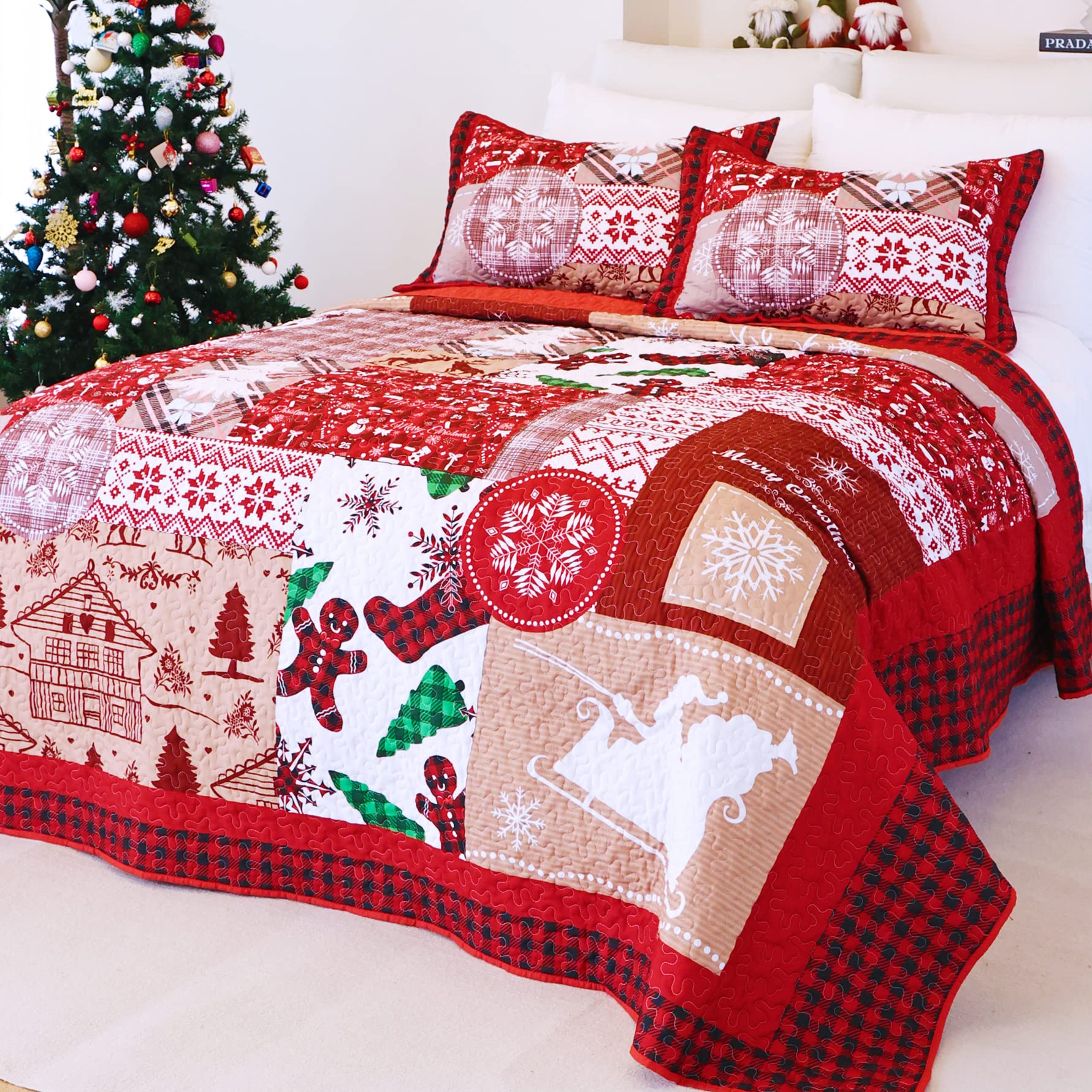 Evenhug King Size Quilt Christmas Theme Bedding Set With Pillow Shams Reversible Red Floral Bedspread Coverlet Lightweight Chris